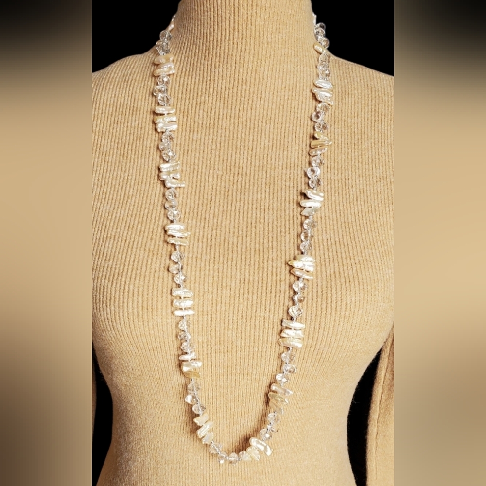 Vtg. Baroque Freshwater Pearls & Gemstones Long Necklace - White